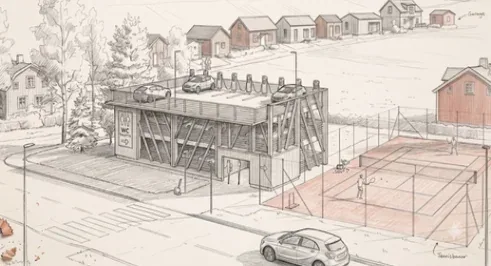 Illustration av det föreslagna P-huset Strömmingen — ett parkeringshus i trä i två plan med laddstolpar på taket, skyltad offentlig toalett vid entrén och tennisbanor intill, omgivet av Vaxholms trähusbebyggelse.